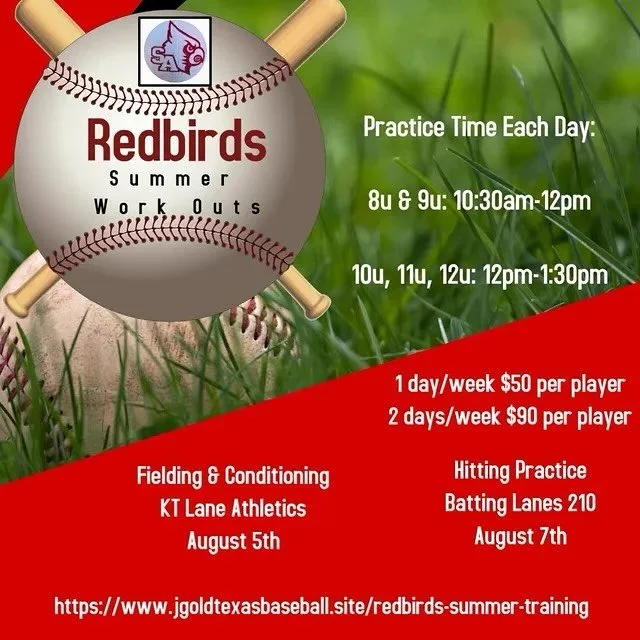 Great news! The Redbirds summer training camp has been such a big hit so Jory has decided to extend it one more week! We hope to see you on August 5th and August 7th. GO REDBIRDS!