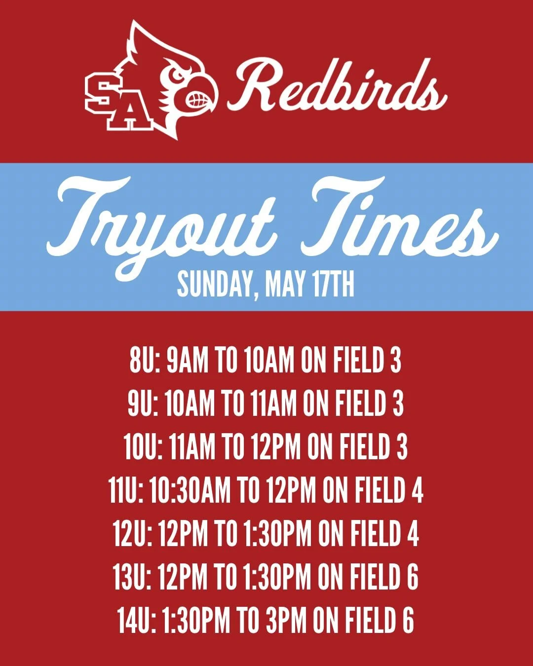 Please see details below regarding Redbirds tryout times and more. We can&rsquo;t wait to see you on Sunday, May 17th at the Alamo Heights Little League fields!

Redbirds tryouts for the 2026-2027 season will be on Sunday, May 17th.

Location:
Alamo 