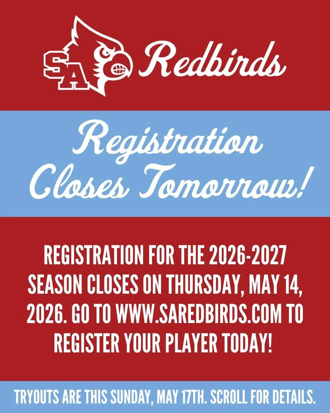 Registration closes TOMORROW Thursday, May 14th. We can&rsquo;t wait to see you at tryouts on Sunday, May 17th at the Alamo Heights Little League fields!

We do not plan on having makeup tryouts, however, if you would like to request to try out durin