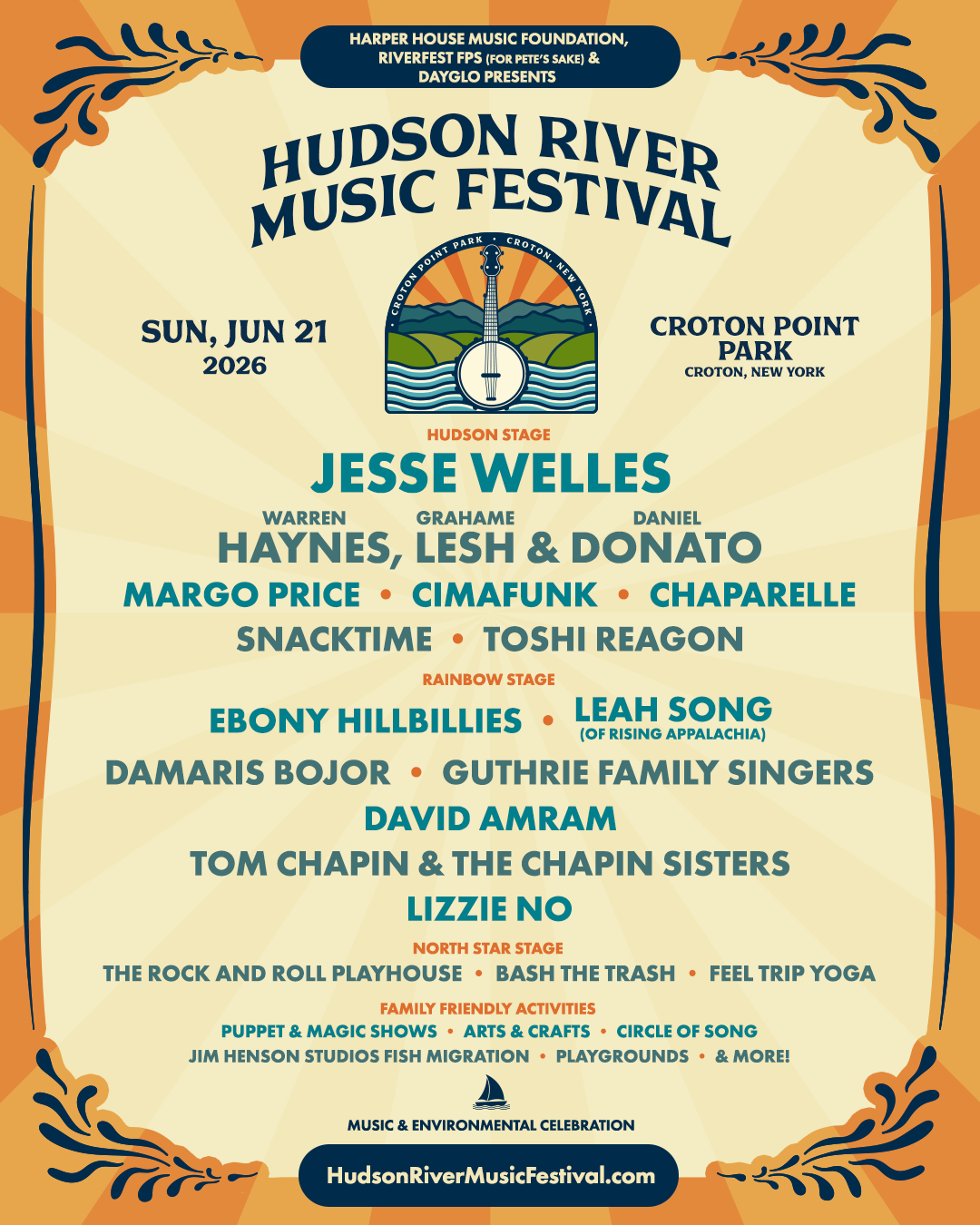 Event poster for the Hudson River Music Festival on June 21, 2026, at Croton Point Park in Croton, New York. Features performances by Jesse Welles, Warren Haynes, Lesh & Donato, Margo Price, Cimafunk, Chaparelle, Snacktime, Toshi Reagon, Ebony Hillbillies, Leah Song, Damars Bojor, Guthrie Family Singers, David Amram, Tom Chapin & the Chapin Sisters, Lizzie No, and others. Contains information about stage locations, family activities, and website URL.