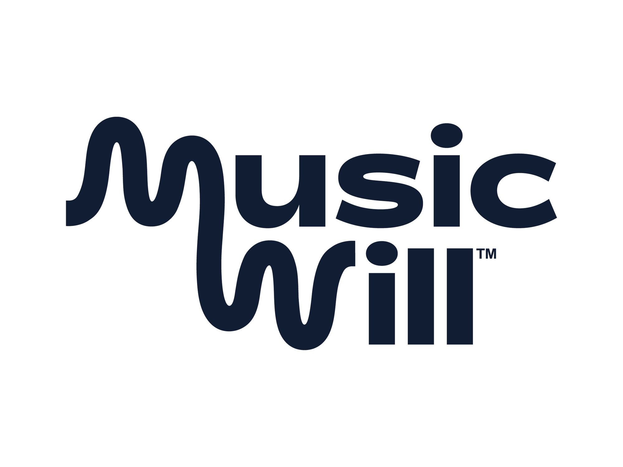 MusicWill logo in dark blue text with stylized font on a black background.