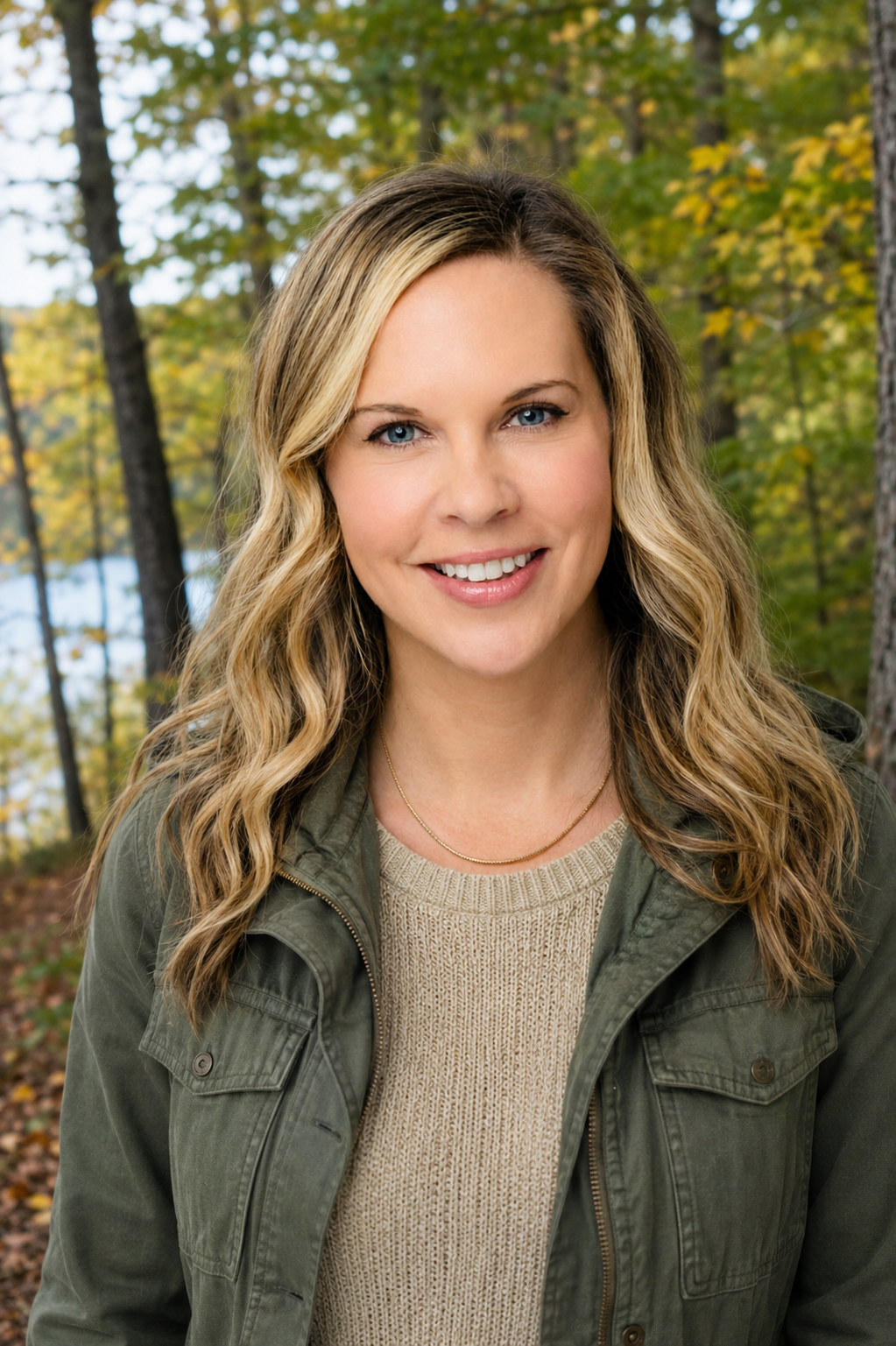 A woman with blonde, wavy hair smiling in front of northern Michigan trees.