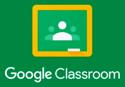 Google Classroom logo with a green chalkboard icon and a white classroom scene