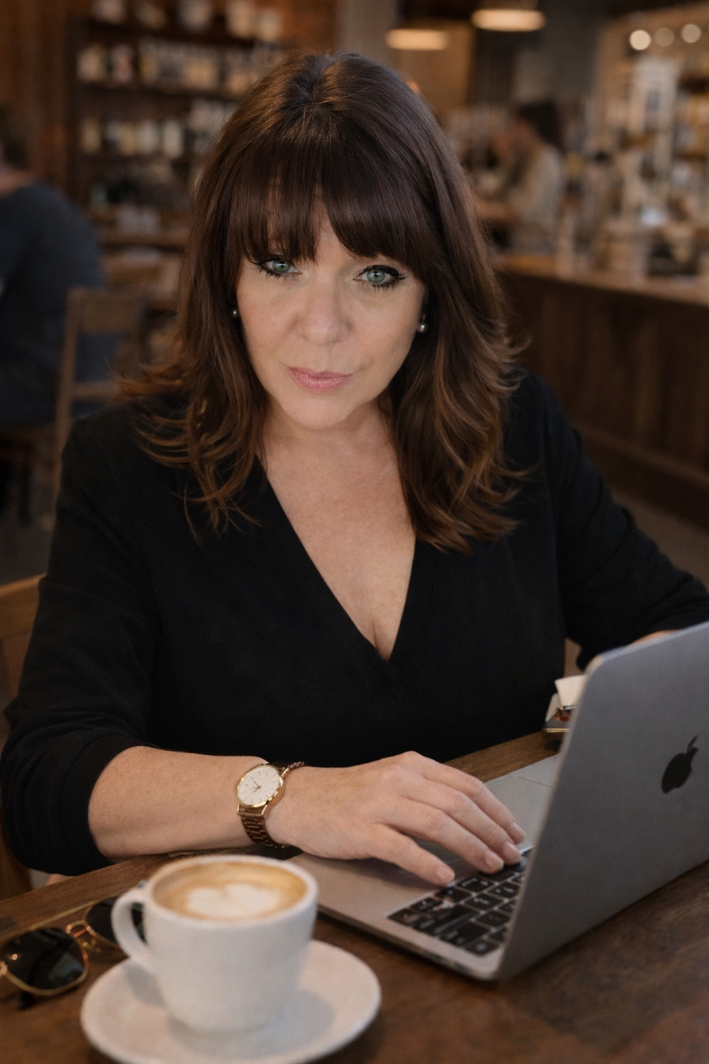 Mea Brown writing her book in a coffee shop in Green Valley Arizona