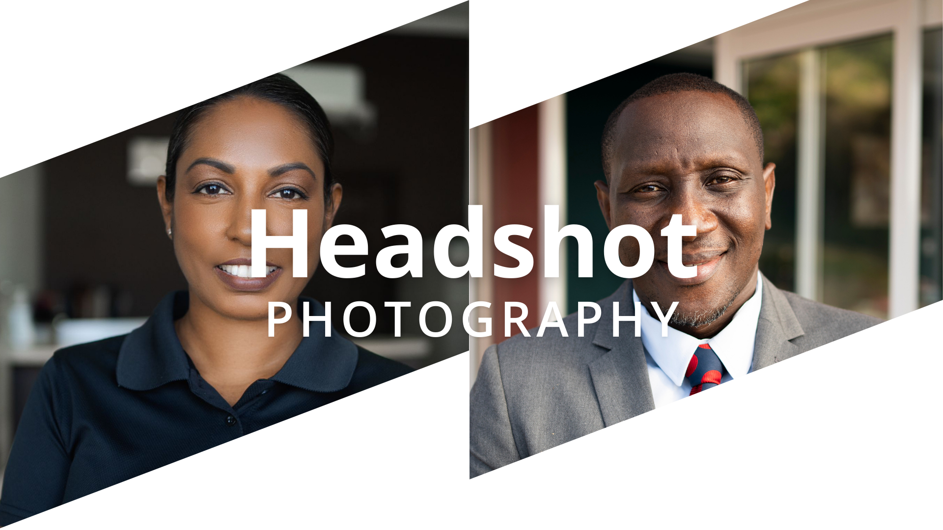 Two professional headshots of a woman and a man, both smiling, with text overlay reading 'Headshot Photography'.