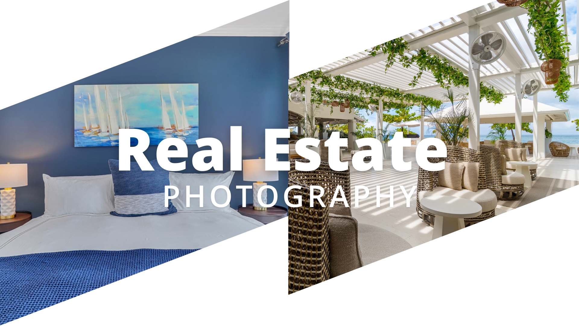 A collage of two interior spaces: a bedroom with blue walls, decorative pillows, and a seascape painting; and an outdoor patio with white furniture, greenery, and a view of the ocean.