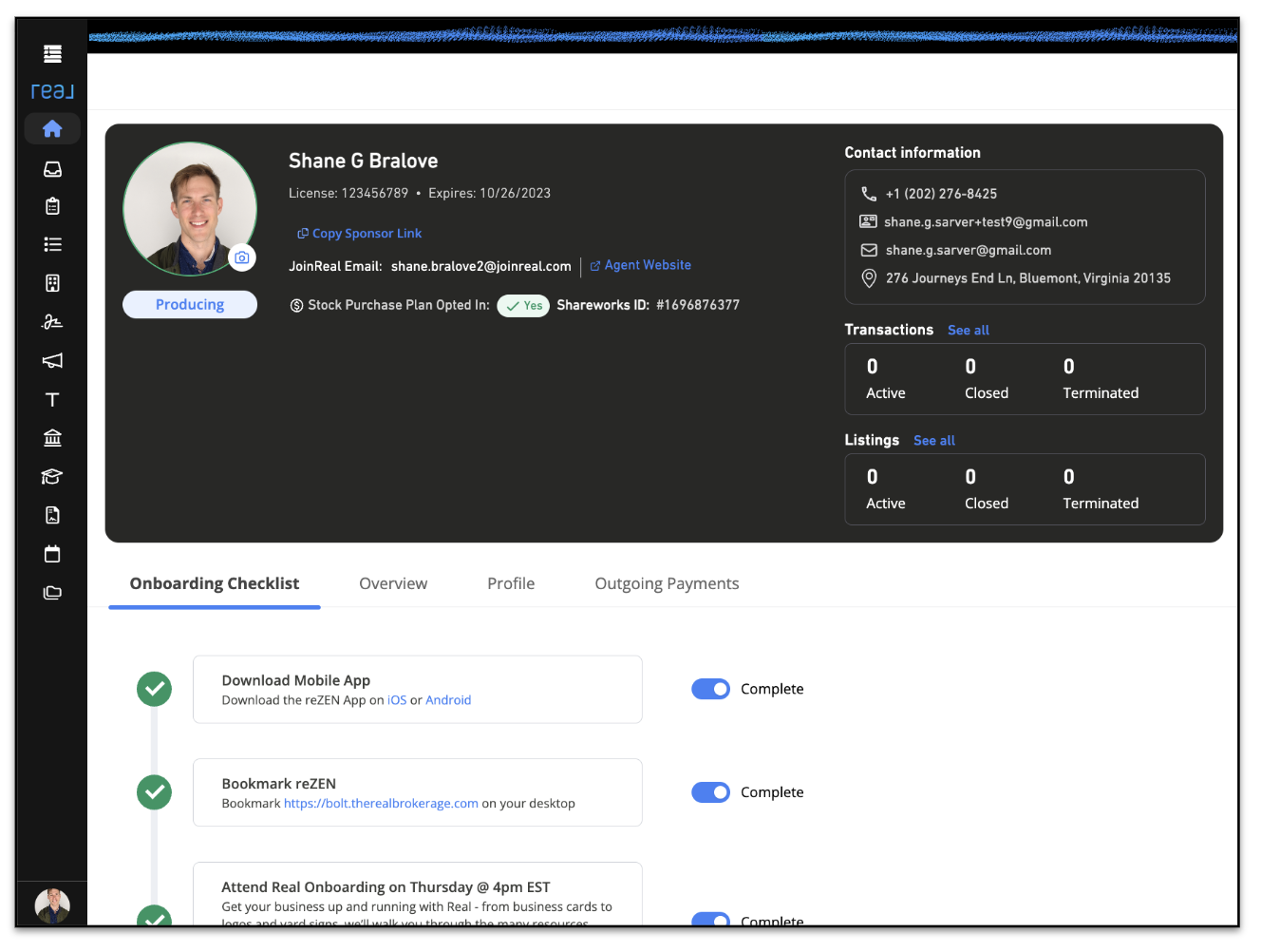 Screenshot of a user profile dashboard for Shane G Bralove showing his contact details, license information, and onboarding checklist with tasks marked as complete.