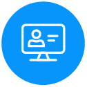 Icon of a computer monitor with a person on the screen, representing a virtual meeting or online communication.