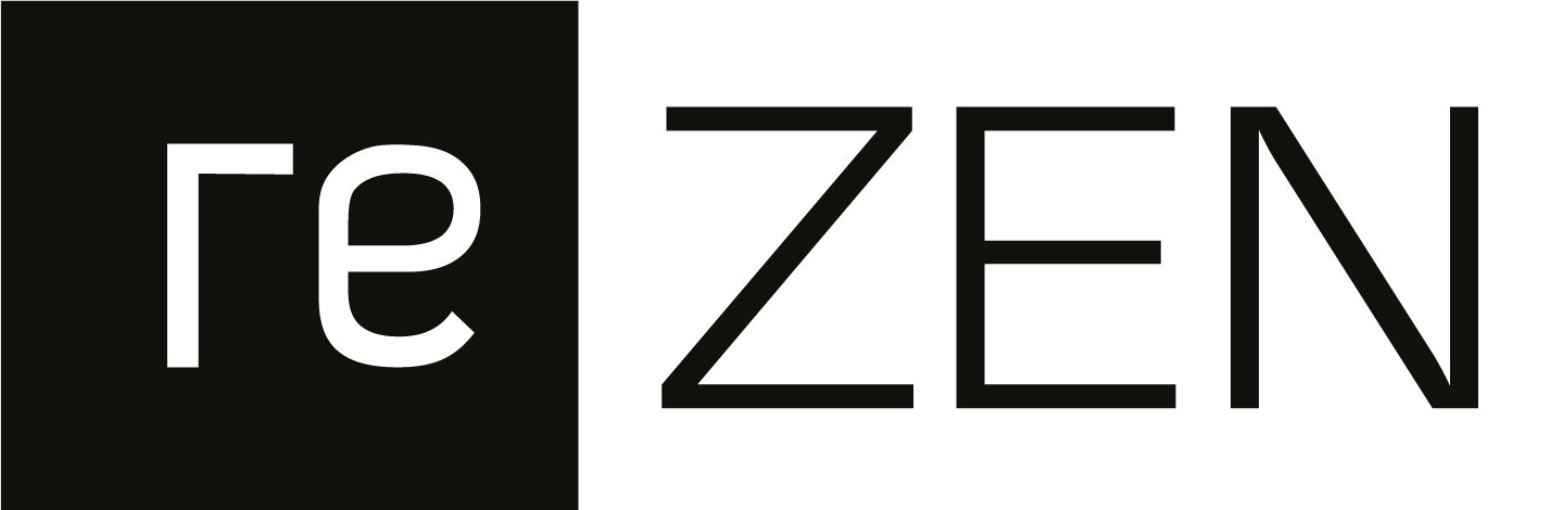 The logo with the word "reZEN" with "re" in white on a black background and "ZEN" in black on a white background.