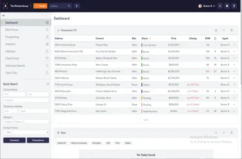 Screenshot of a digital dashboard showing a list of contacts with details such as address, contact person, side, status, price, closing date, DOM, agent, and notes. The interface includes navigation options like Dashboard, Daily Forms, Prospecting, Analytics, Calendar, Client Portal, and Advanced Search.