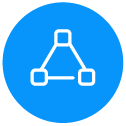 Icon of a network or connected structure with three nodes and lines connecting them in a triangular pattern, on a blue circular background.
