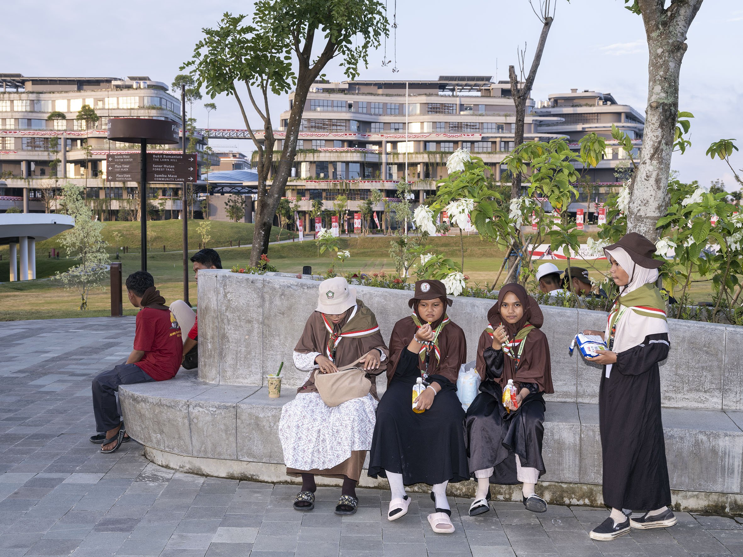 Scout girls on Plaza Seremoni, the central square in Nusantara. August 24, 2025