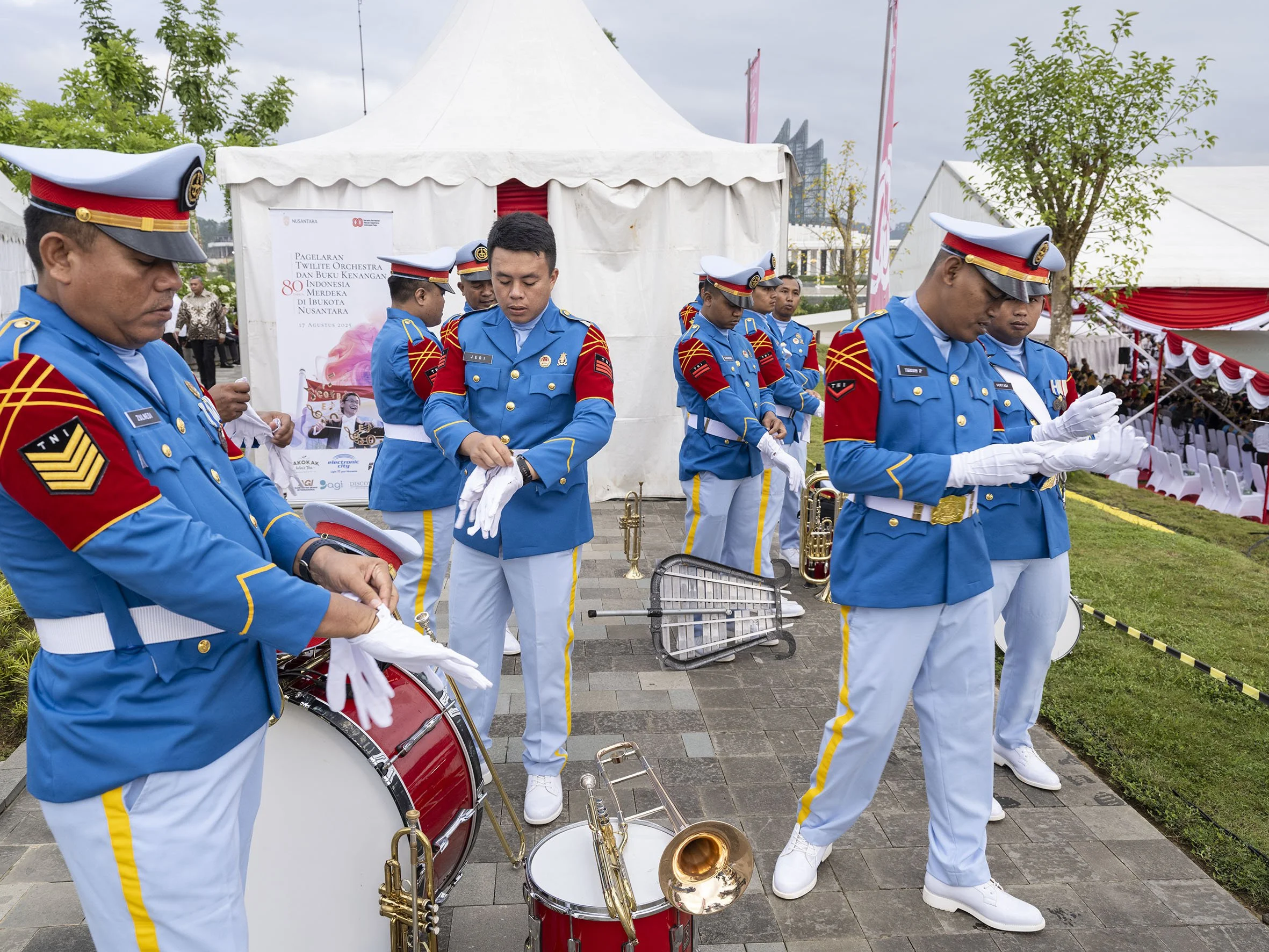 A military brass band prepares for the celebration of the 80th Independence Day of Indonesia, on Plaza Seremoni in Nusantara. August 17, 2025 
