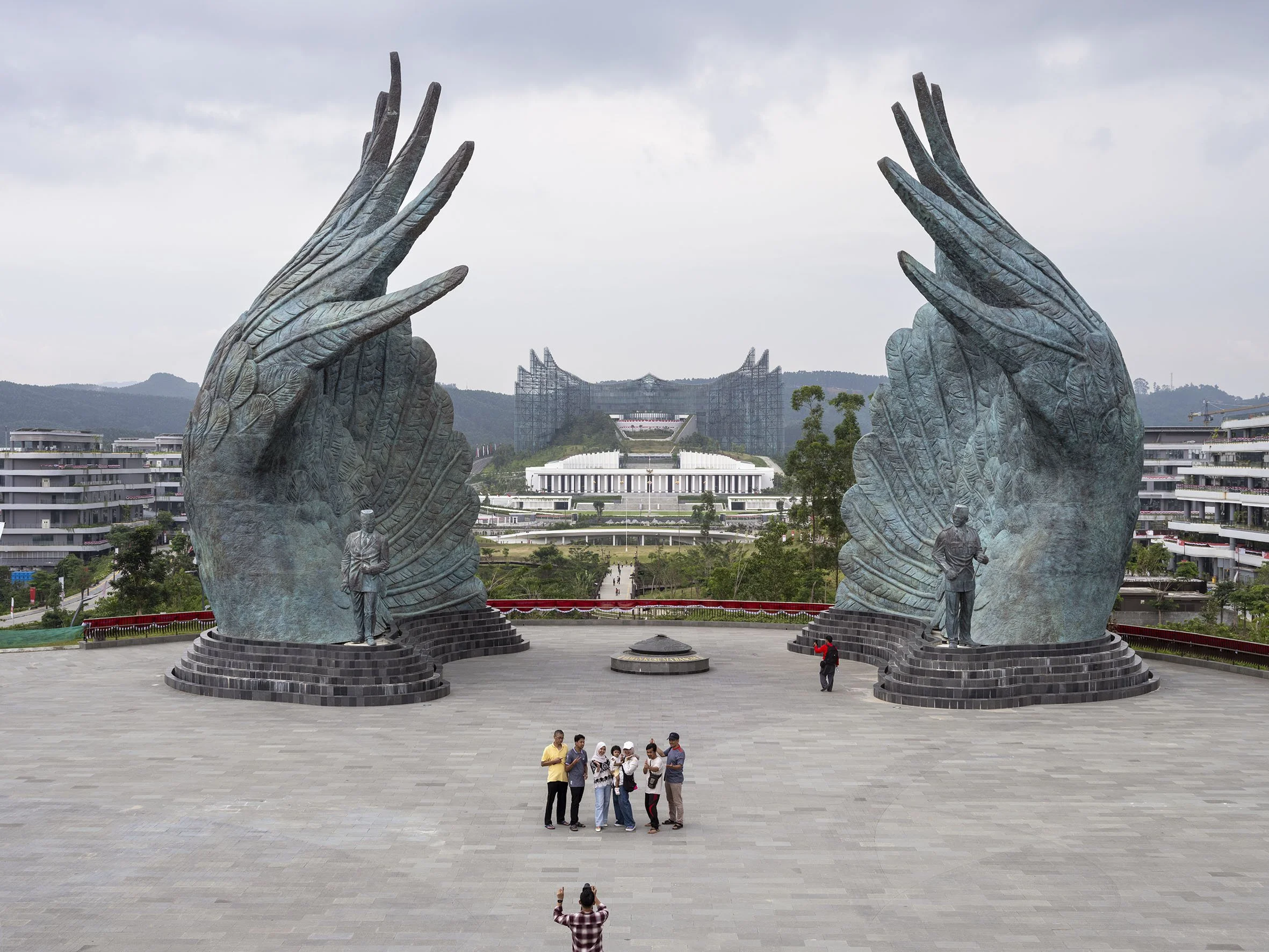 View over Nusantara Protective Wings monument and the Presidential Palace, both designed by Indonesian artist Nyoman Nuarta. August 23, 2025