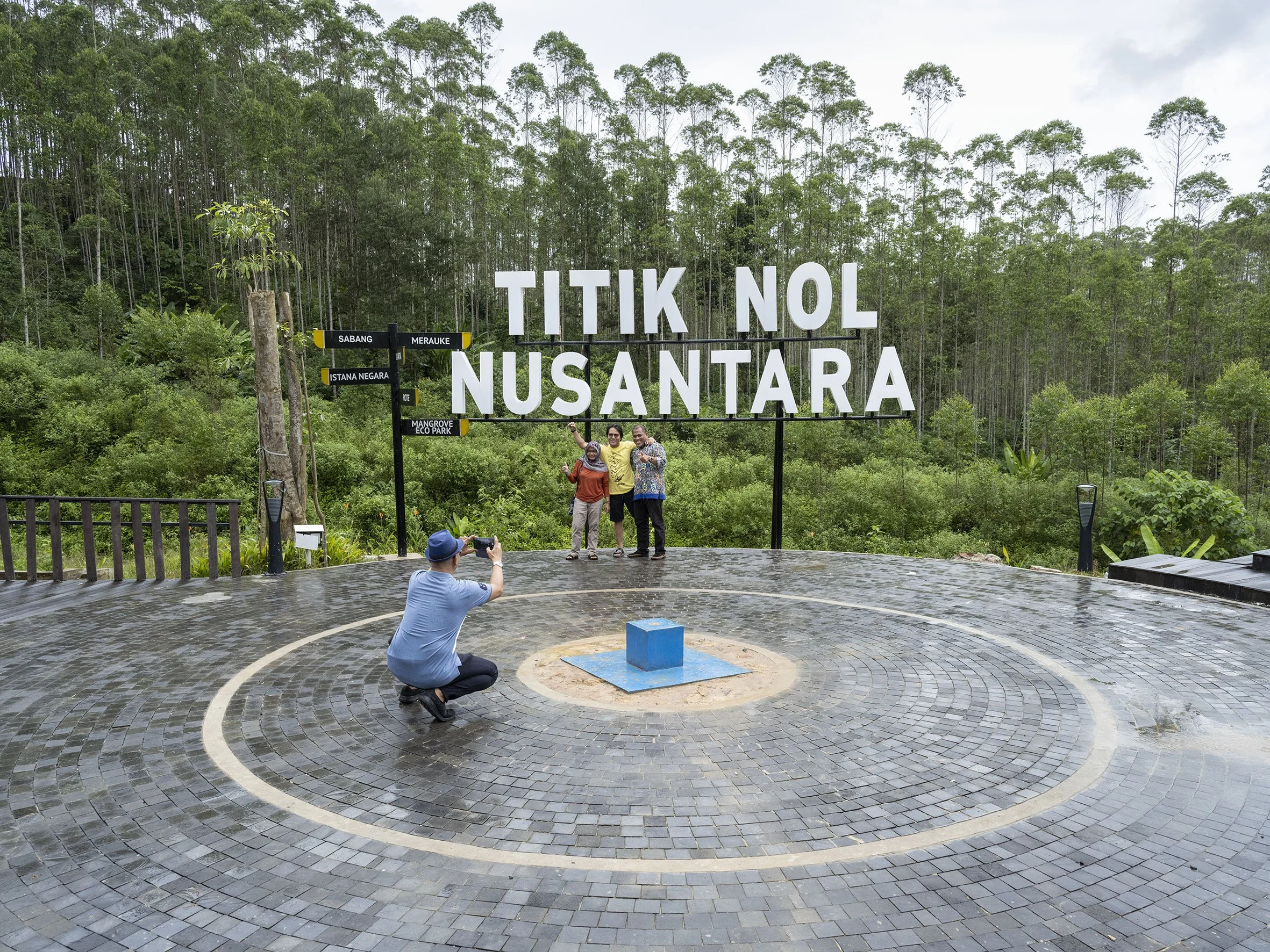A blue survey column at Titik Nol (Ground Zero) marks the geographic center of Nusantara. August 31, 2022.