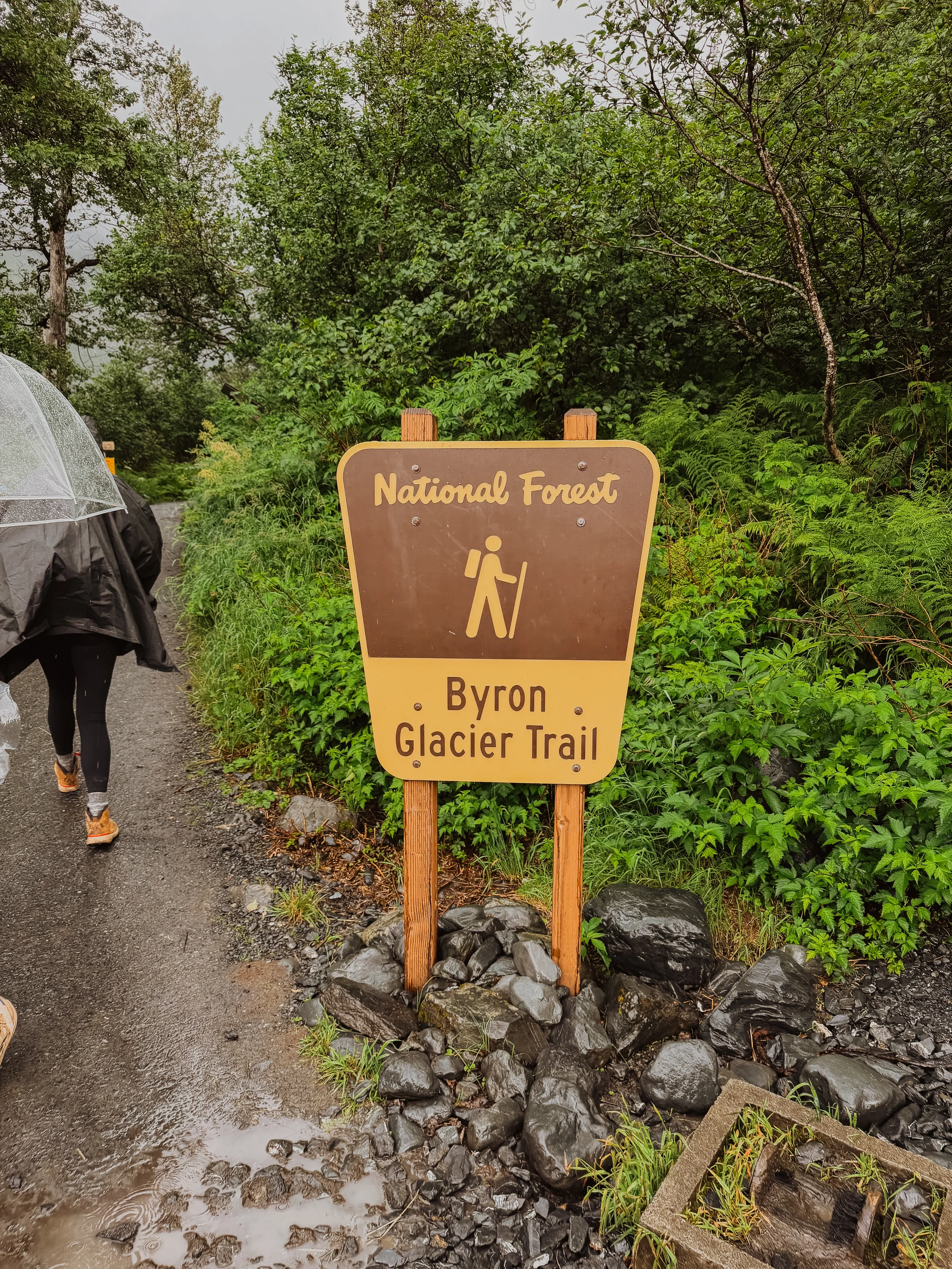 Yellow and brown Byron Glacier Trail Trailhead Sign