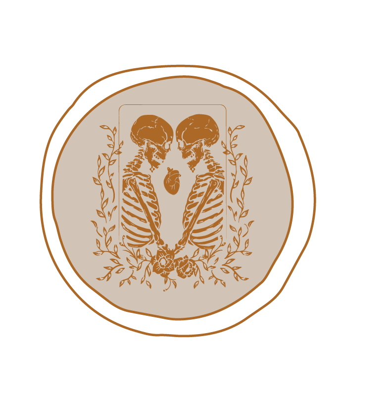 illustration of skeletons facing each other inside 2 circles in orange