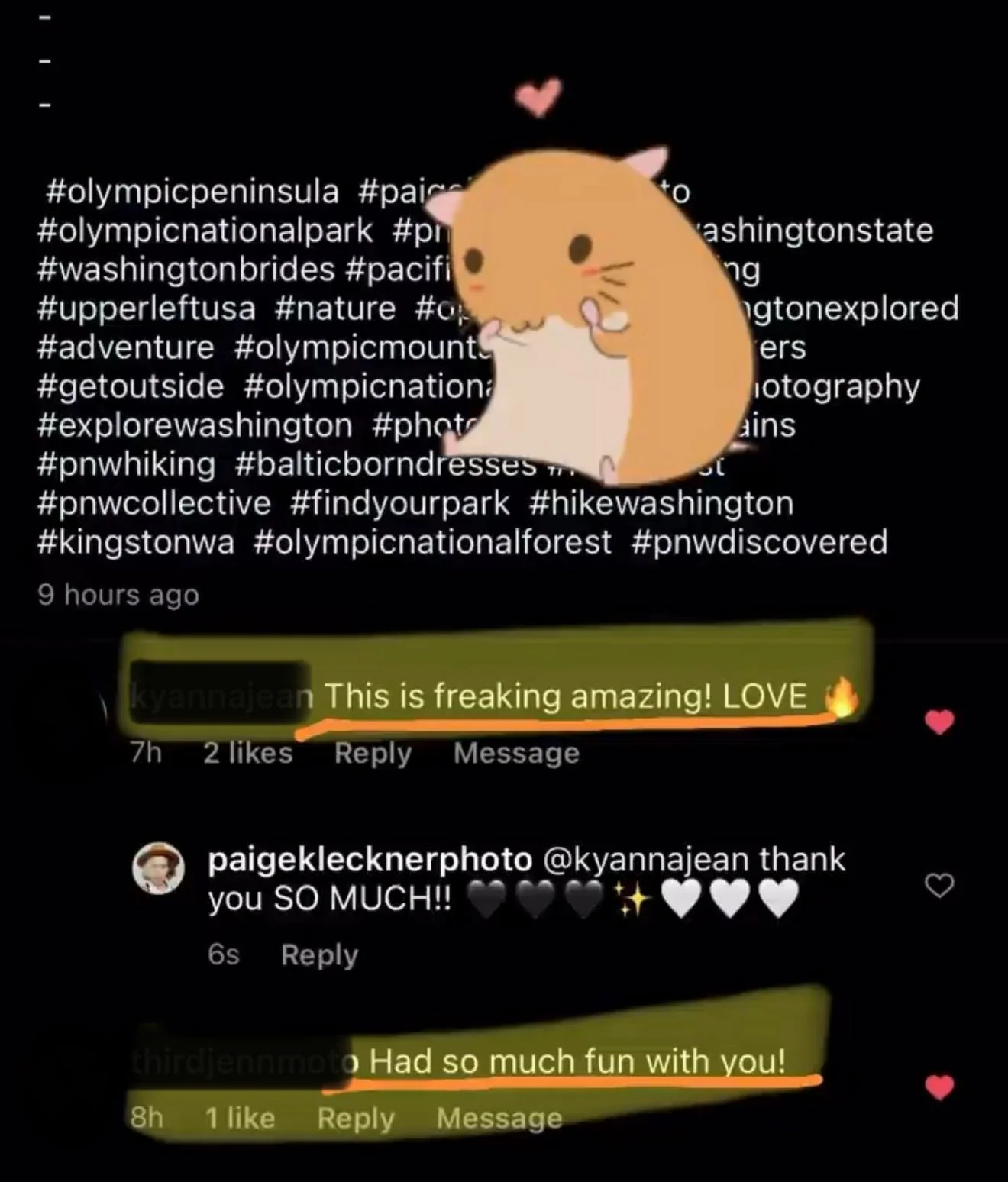 A screenshot of a social media post featuring hashtags about Olympic National Park and Washington State, with a cartoon illustration of a cute hamster with a heart above its head, and comments expressing admiration and fun experiences.