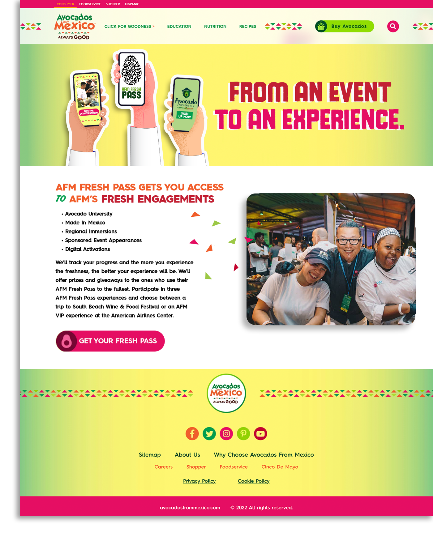 A webpage promoting AFM Fresh Pass, featuring colorful graphics of people holding smartphones with event passes, and a photo of joyful event attendees.