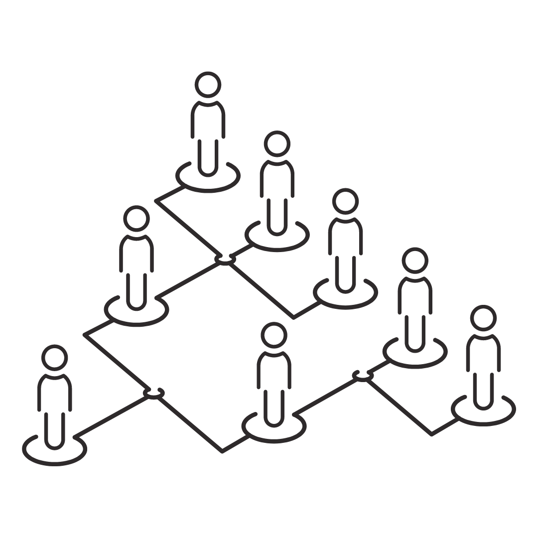 Diagram of a blockchain or decentralized network showing seven interconnected user icons and a hand holding a 'tax' icon in the upper left corner.