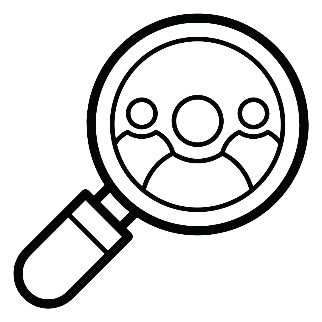 Magnifying glass focused on three people's icons representing a group or community.