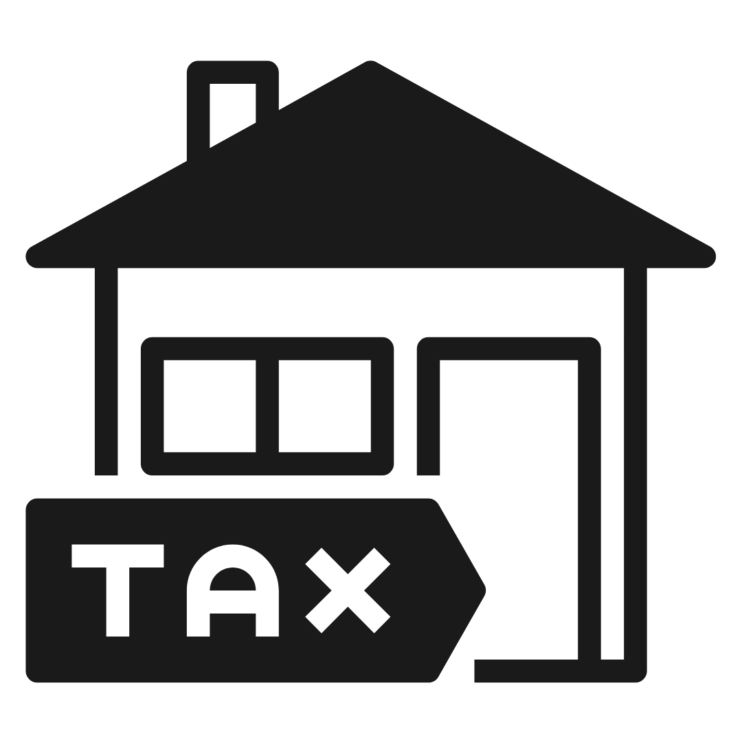 Outline of a house with a taxi sign in front and a taxi meter. There is a taxi symbol on a sign on the house. A small speech bubble with the word 'TAX' is located near the house.