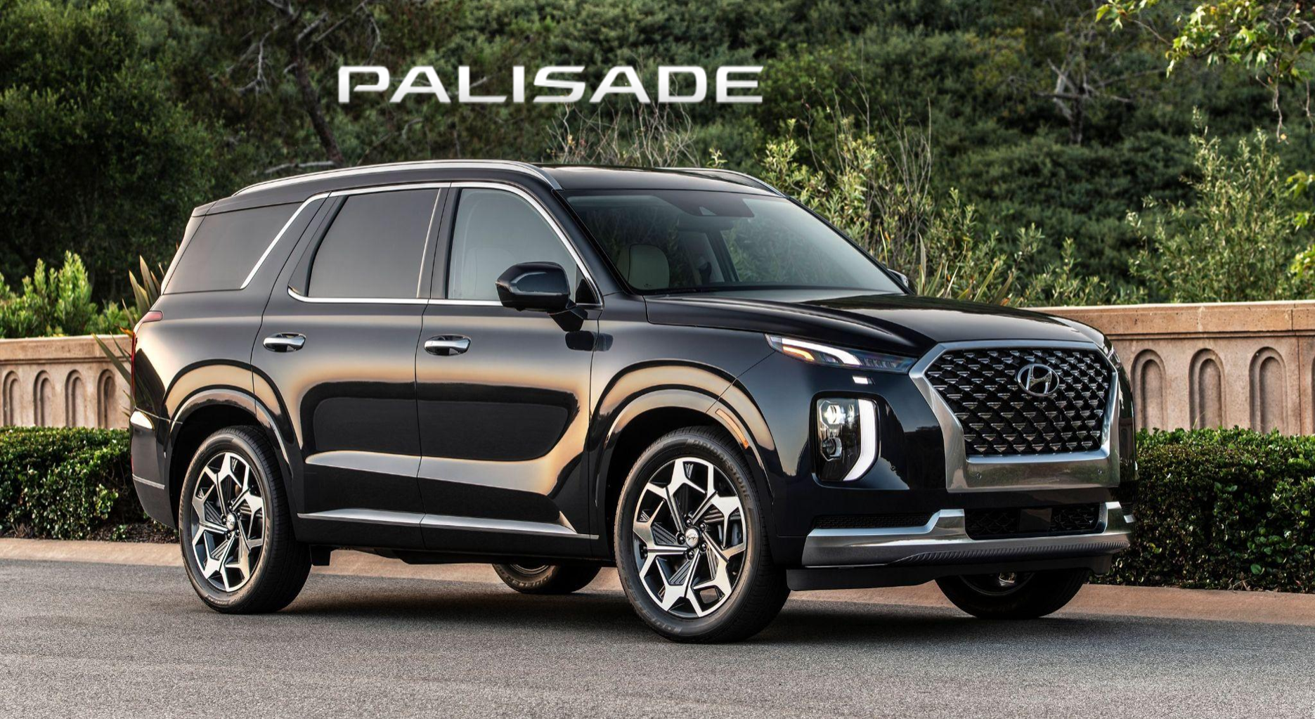 A Black Hyundai Palisade is being photgraphed on a road at sunset with a wall and greenery in the background