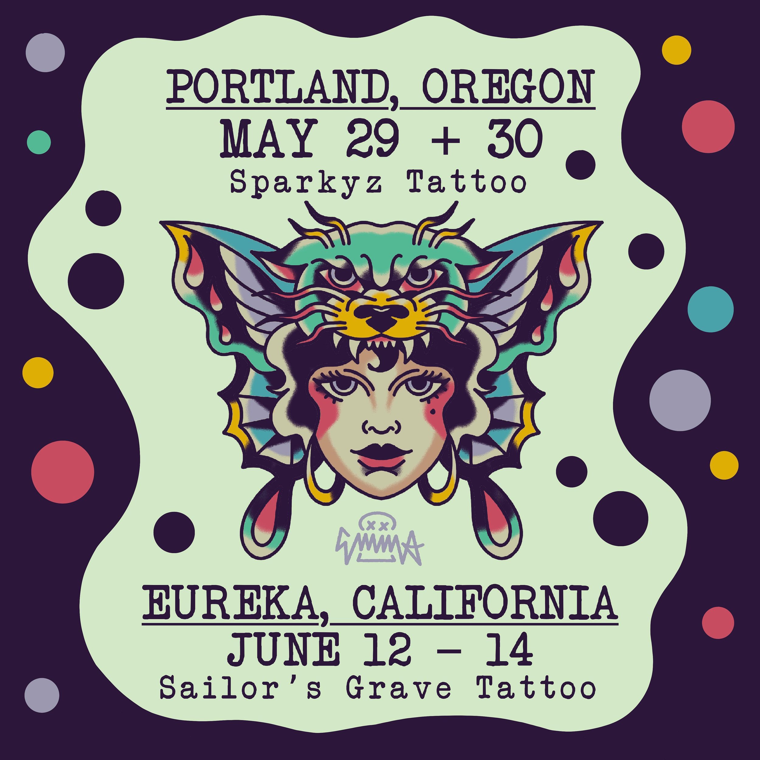 Aloha, I&rsquo;m excited to announce I will be on the road again later this month for my birthday trip!

✶ PORTLAND ✶
May 29 + 30
@sparkyztattoo 

✶ EUREKA ✶
June 12 - 14
@sailors_grave_tattoo_humboldt 

I will also be hanging around Sacramento the f