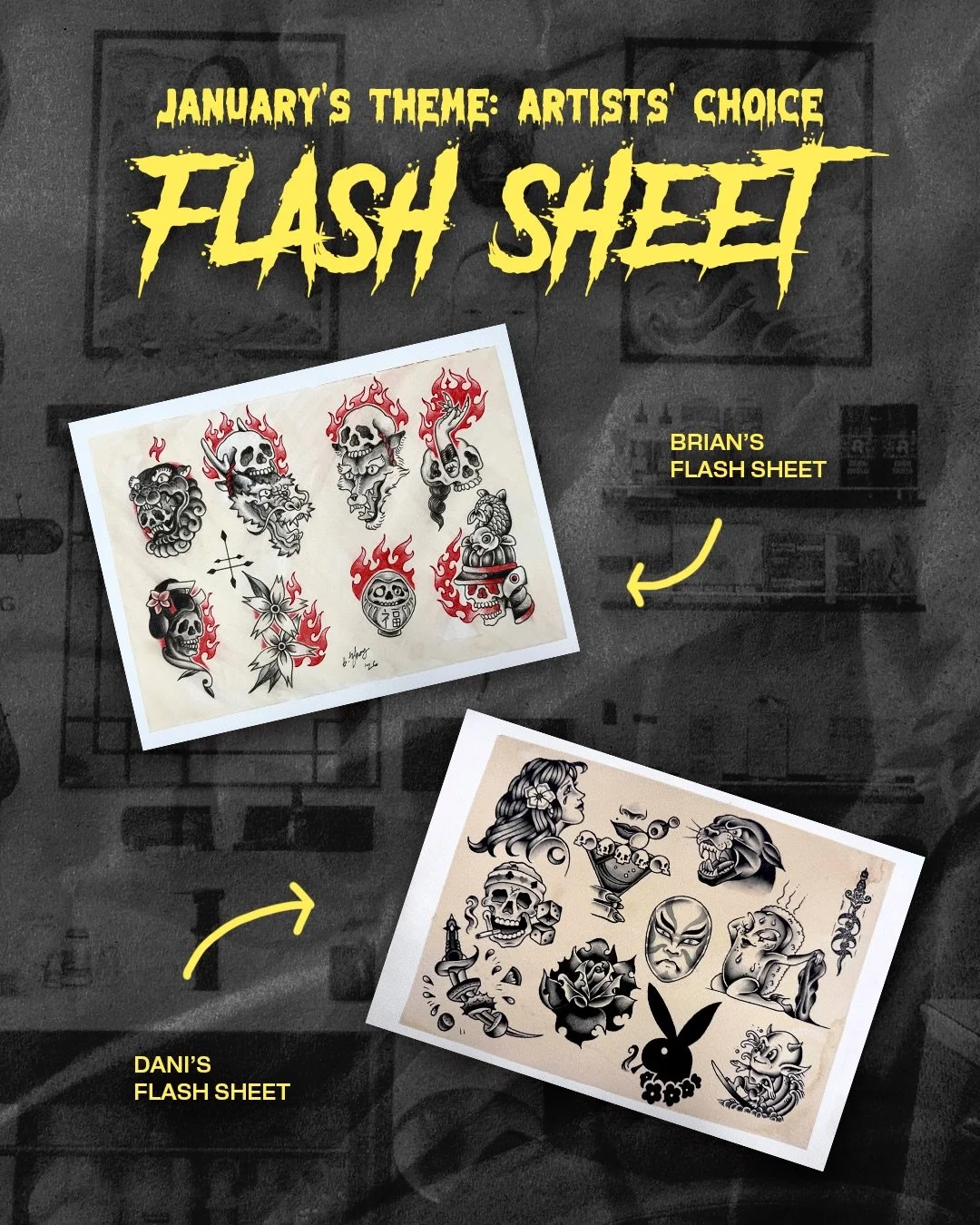 This Month&rsquo;s Flash Theme is: Artists&rsquo; Choice 😎

We gave our resident artists free range and here&rsquo;s what&nbsp;@1000yokai &amp; @lucky.clubs drew up 🔥 Brian and Dani have more flash designs available on our website and you can check