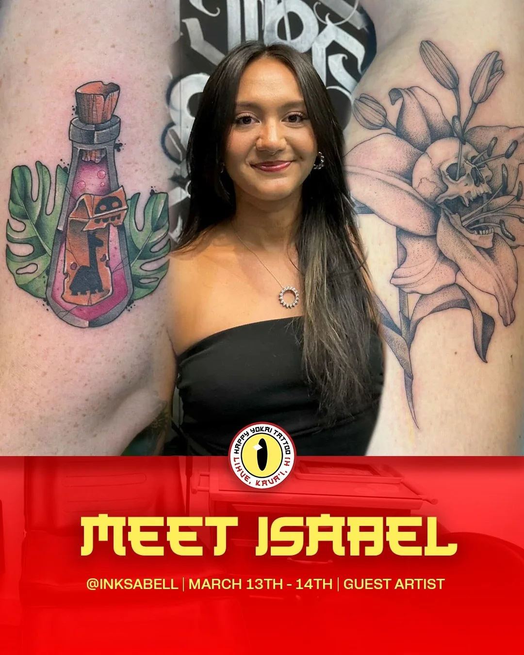 Say hi to @inksabell ❤️&zwj;🔥

Originally from Las Vegas, now living on Oahu, Isabel Kendal will be at Happy Yokai Tattoo to guest spot from March 13th to March 14th. She&rsquo;s got lots of new flash designs for you to choose from, so you don&rsquo