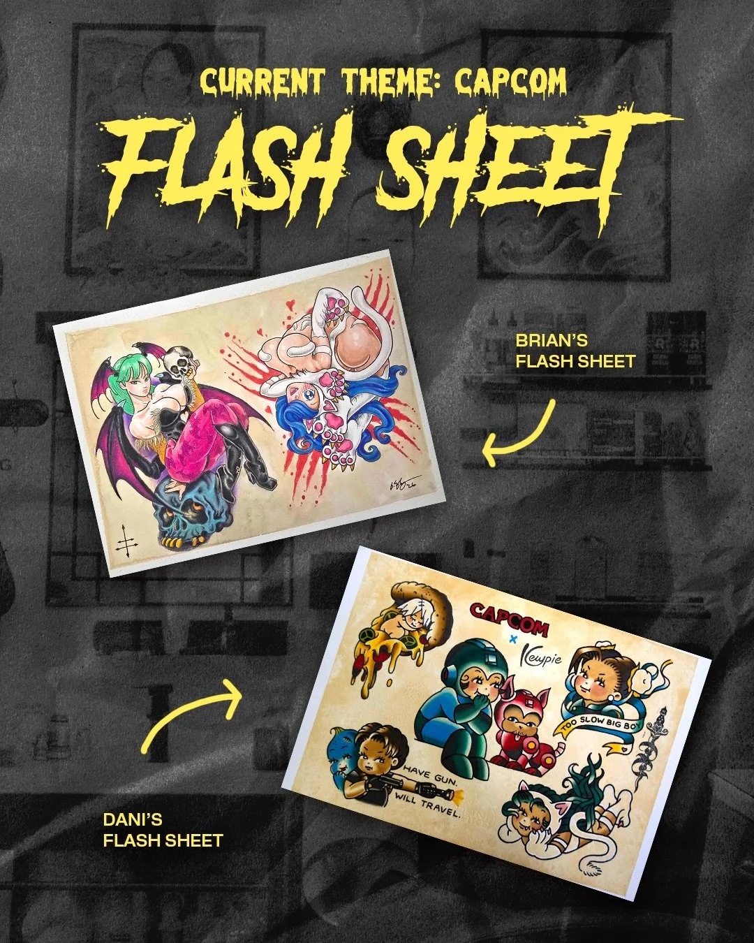 For the Capcom fans 🎮

@1000yokai &amp; @lucky.clubs are gamers, so a capcom-themed flash was a given ❤️&zwj;🔥&nbsp;They had a ton of fun with this flash challenge, and would love to tattoo these designs on ya ⚡️ So which character are YOU choosing