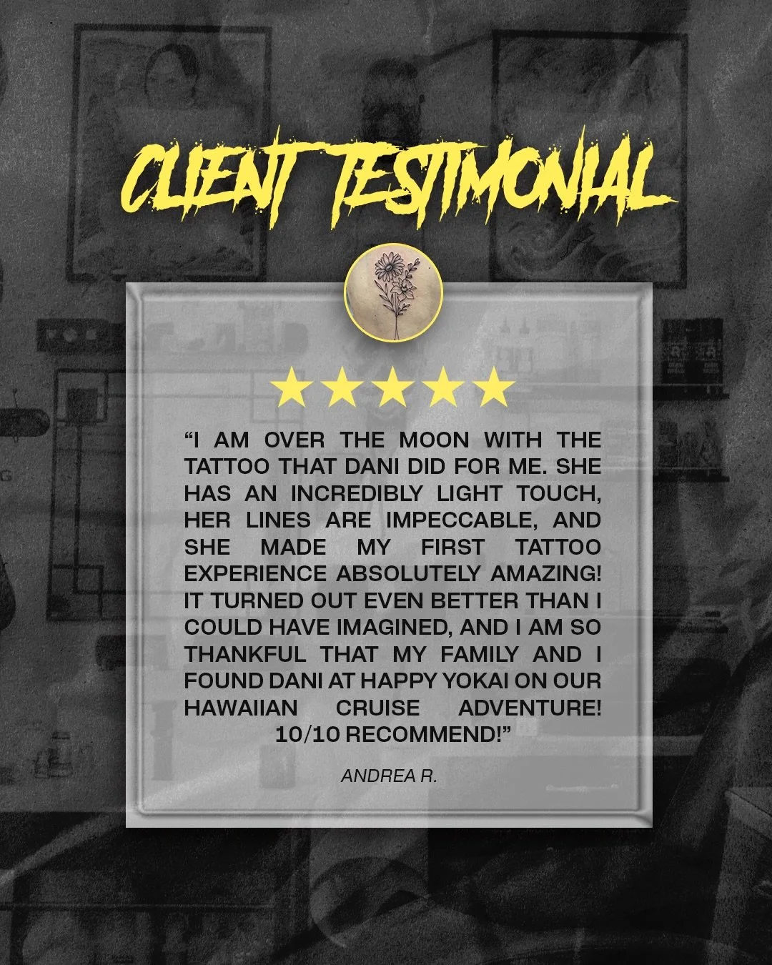 Reviews like this 🥹&nbsp;

Whether it&rsquo;s your idea or Dani&rsquo;s, we appreciate everyone who stops by the shop and leaves a Google review 🫶🏽&nbsp;Thank you Andrea for sharing your walk-in experience at Happy Yokai Tattoo! We&rsquo;re thrill