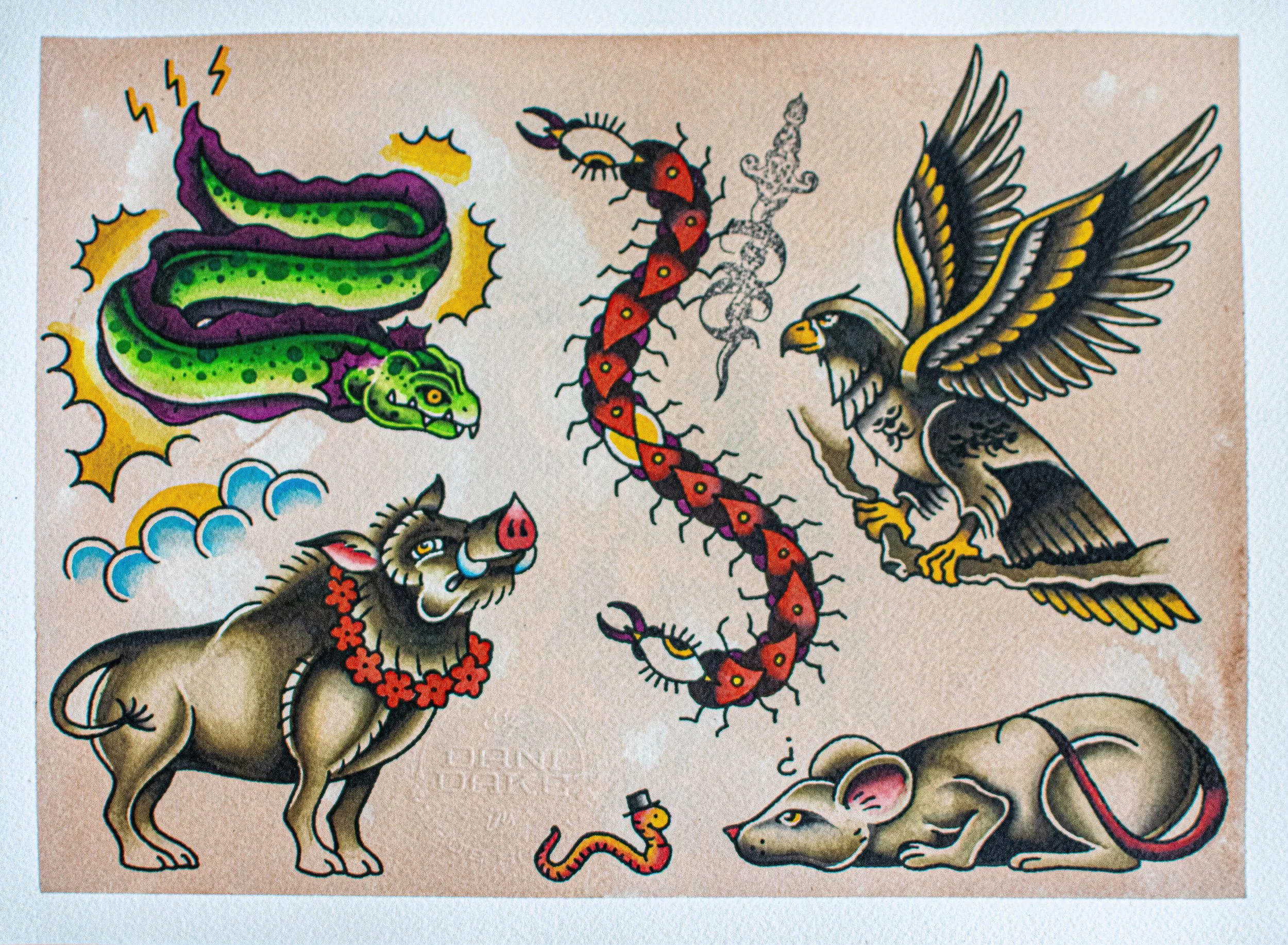 Traditional tattoo-style illustration of various animals, including a snake, a scorpion, a bird of prey, a rat, and a boar, with vibrant colors and bold outlines.