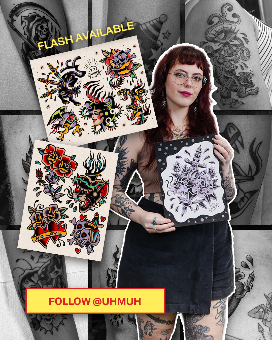 A woman with red hair, glasses, and tattoos holding a black and white tattoo design of a dragon with roses, surrounded by various colorful tattoo designs, and a collage of black and white tattoo images in the background.