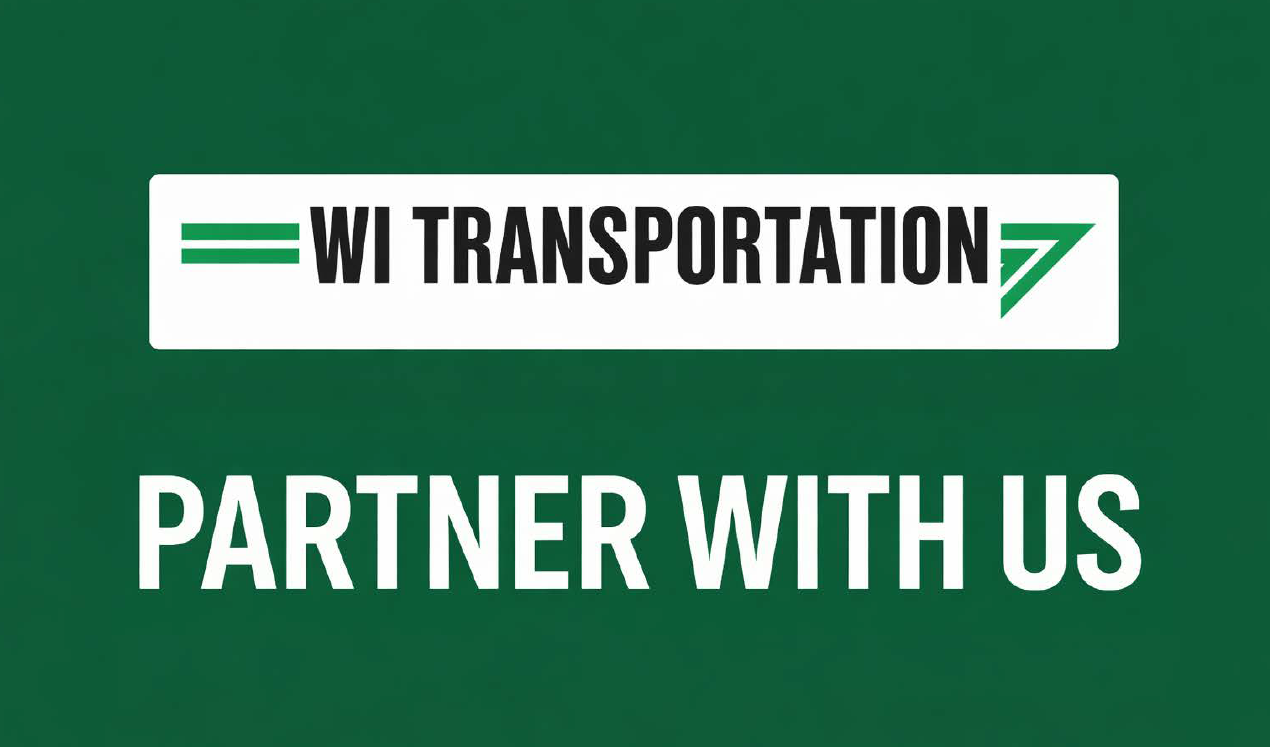 Green background with the Wisconsin Transportation logo and the message 'Partner with us' in white text.