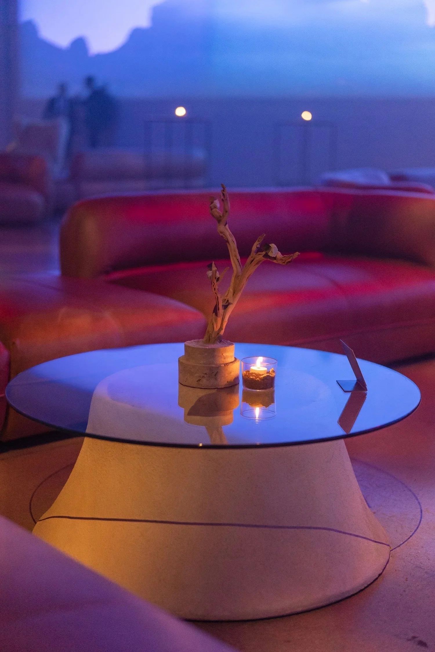 concrete pedestal coffee table with round glass top, crater design, contact for info