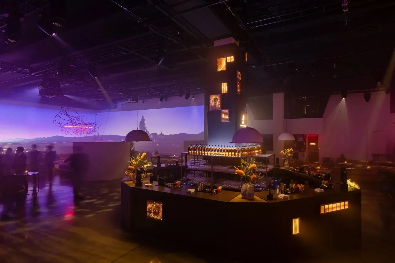 large 360 hexagon bar with illuminated panel details, available to rent and style through RIG Los Angeles