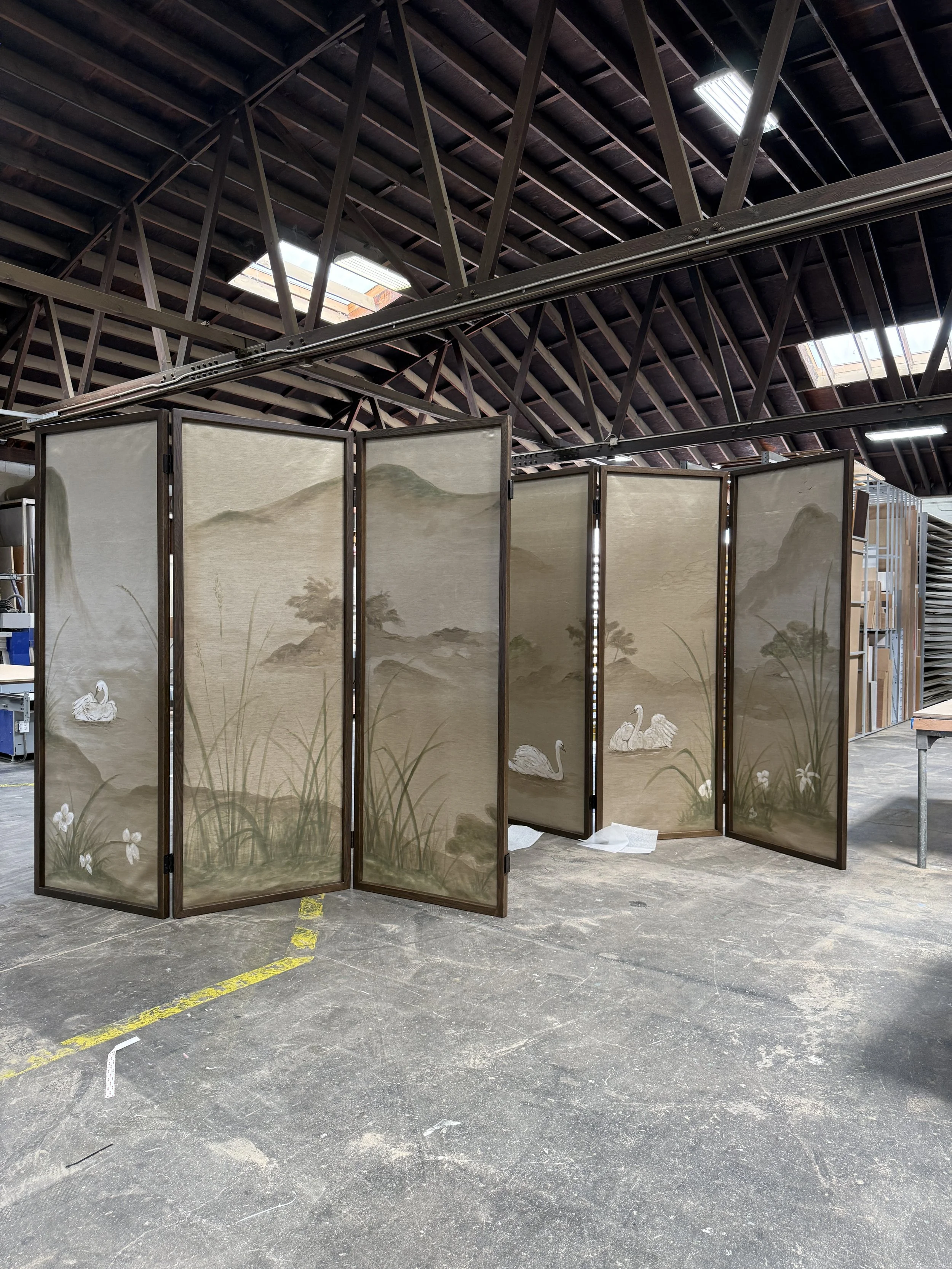 3x8 hinged wood frames panels (x7) with option for custom inserts, shown here with custom painted scenic panels - contact for info