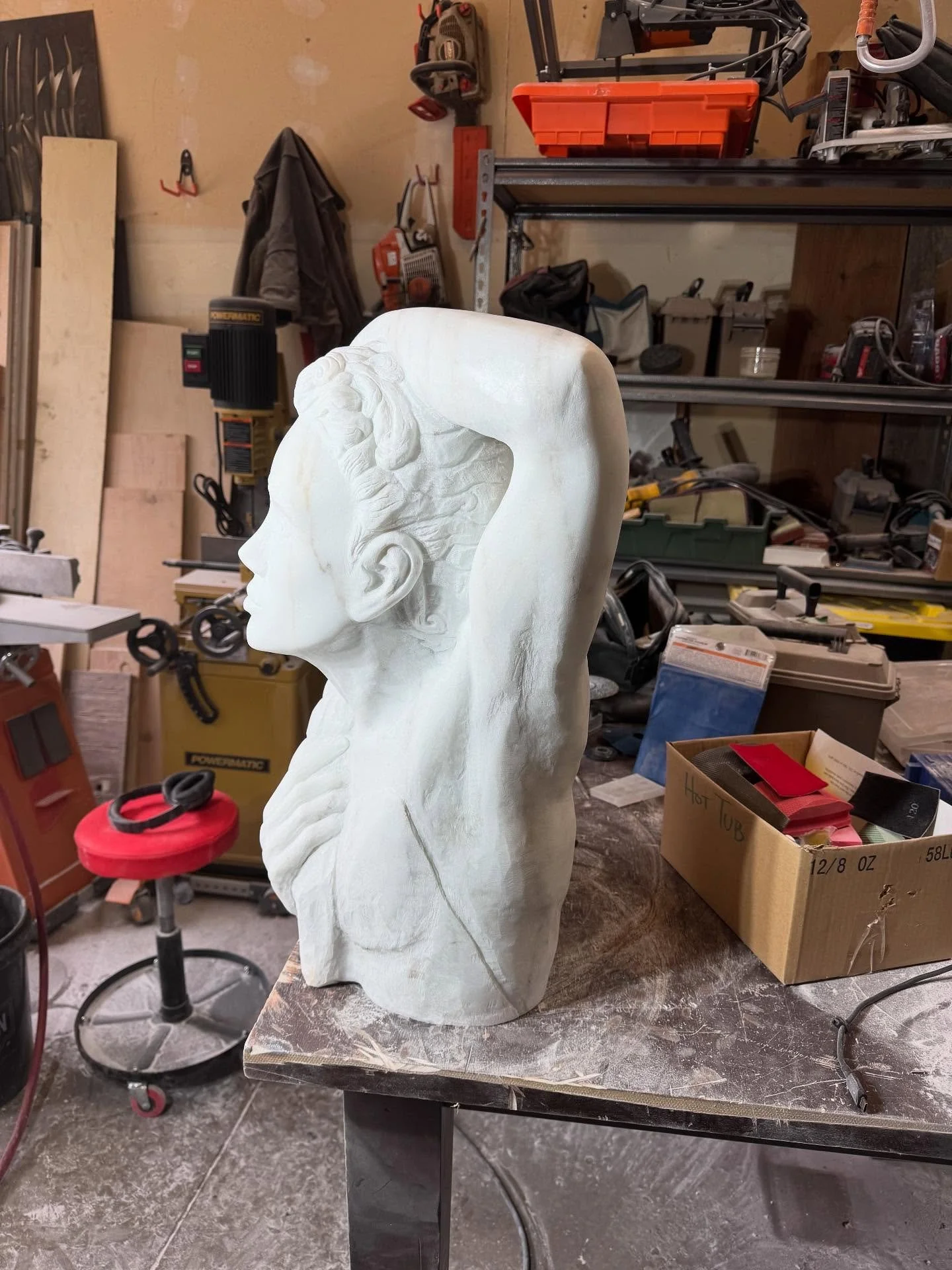 Progress report on my first piece in stone. Every morning that I can work on her, I get up take a look see a bunch of new things and then cut the problems away. I&rsquo;ve got a name percolating as well.

#burlycarving #juliagermanfinearts 
#marblesc