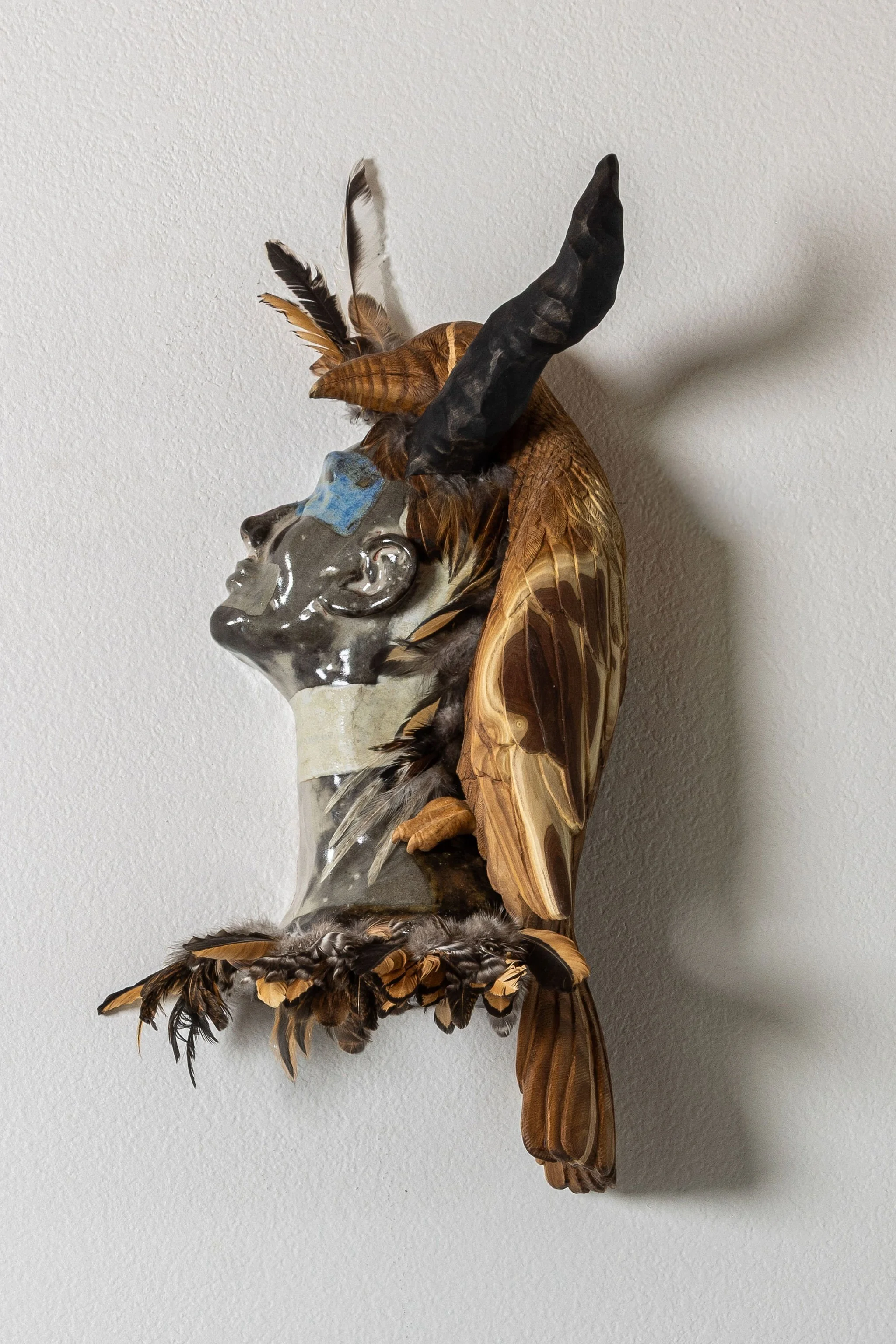 Ceramic, Russian Olive, Basswood and Feathers