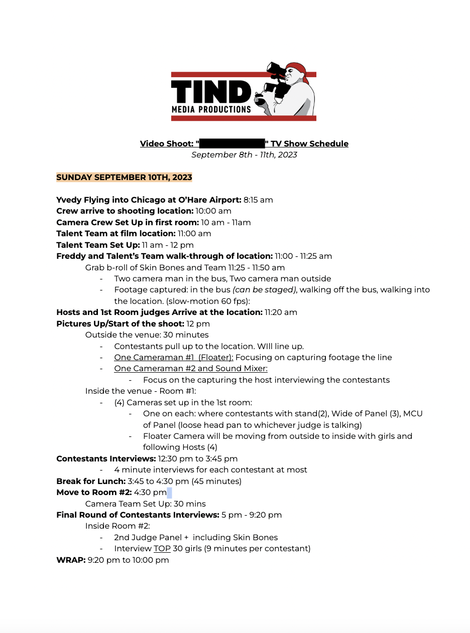 Day-Of Schedule I created for a television show program