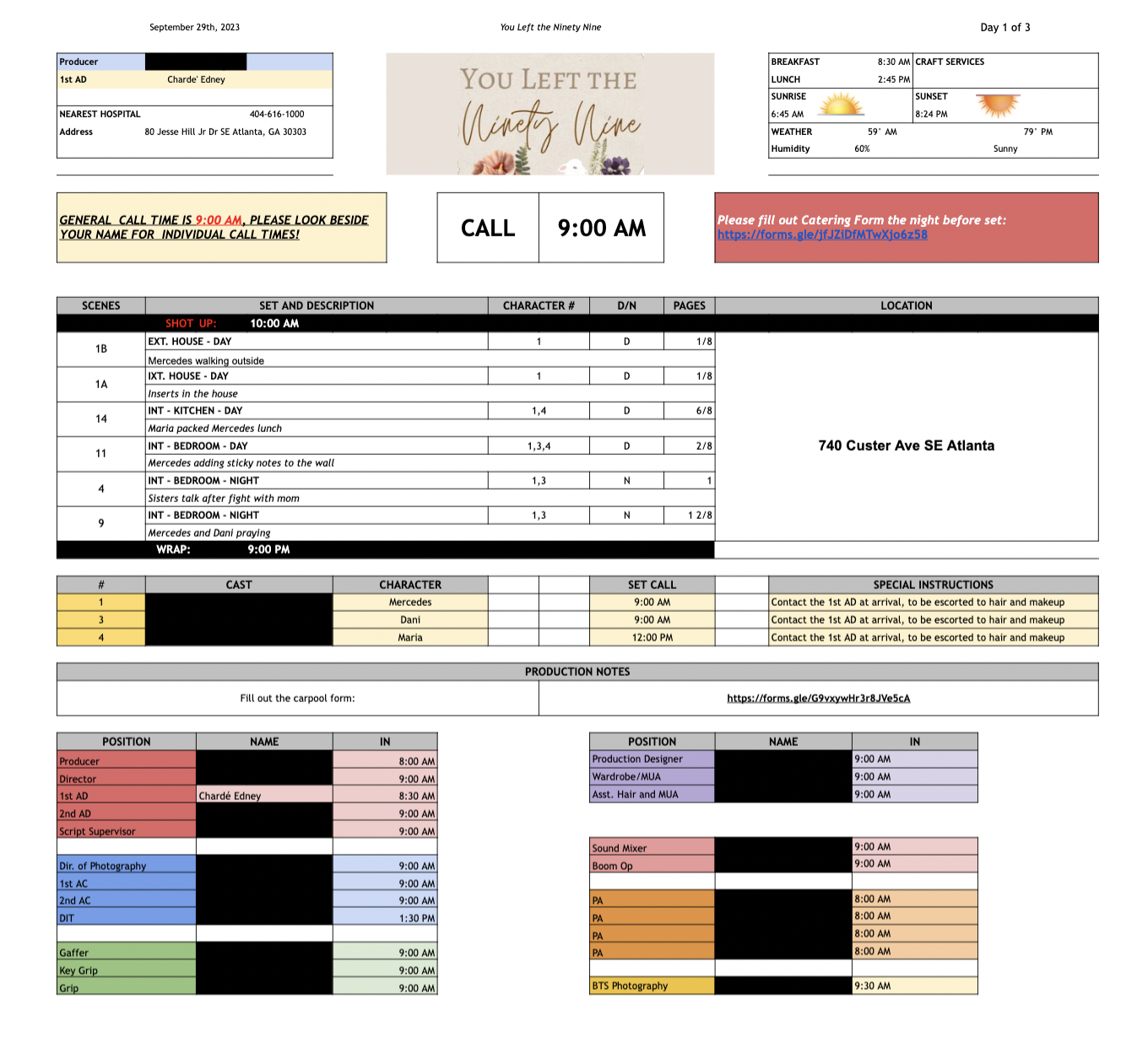 A call sheet I made for the set of "YL99"