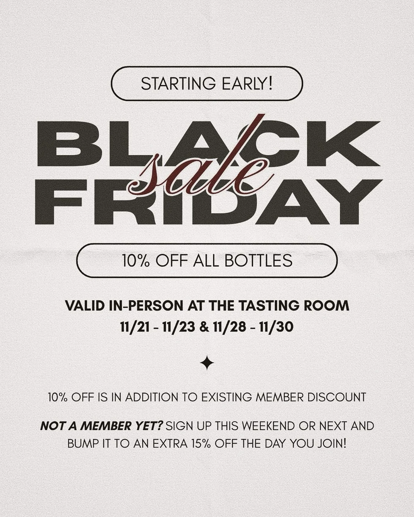 Black Friday is starting early at Bivium 🎁🍷

This weekend &amp; next weekend, enjoy 10% off all bottles of wine when you purchase in-person at the Tasting Room (applied in addition to existing member discount)!

Not a member yet? Sign up during eit