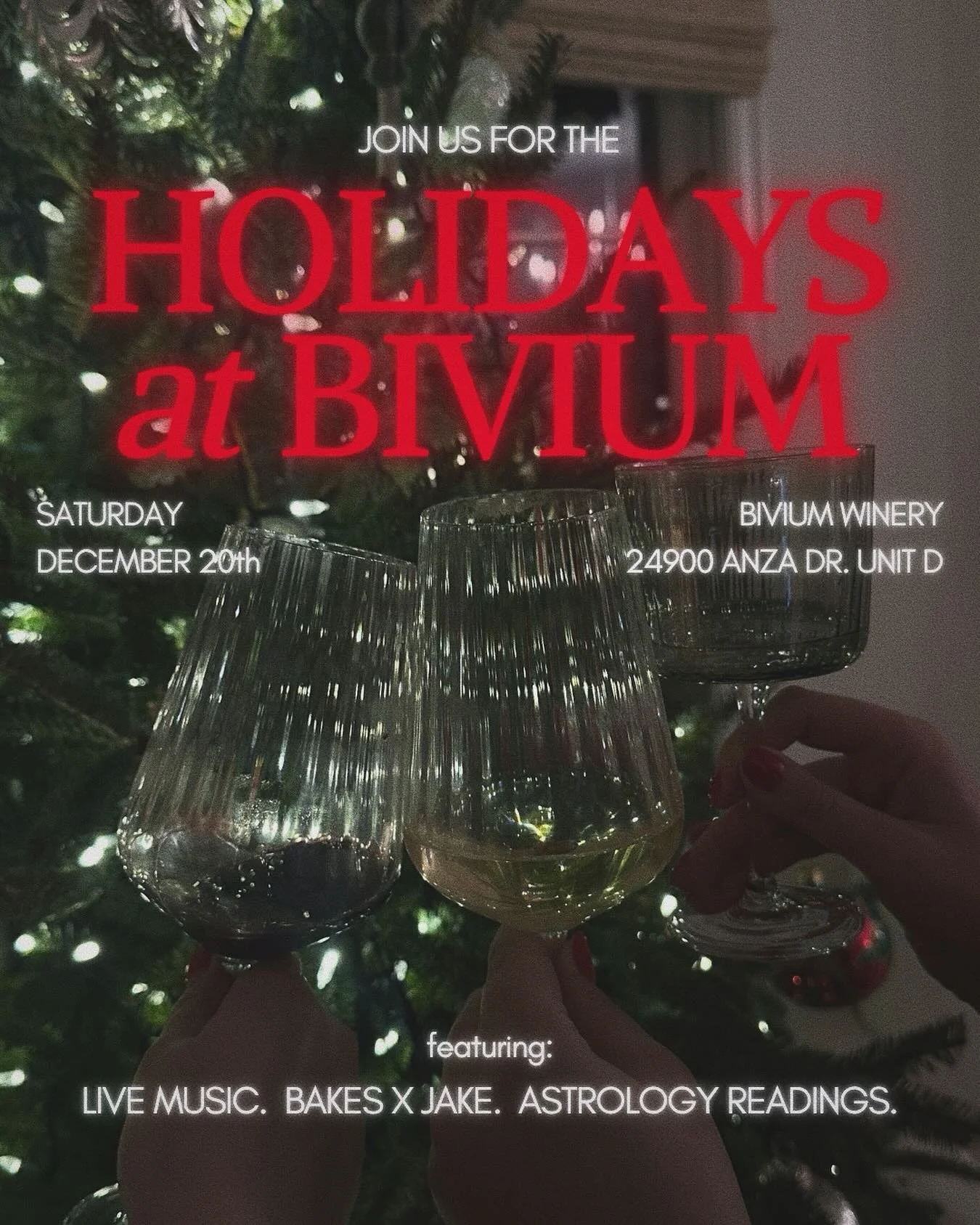 It&rsquo;s the most wonderful time of the year 🍷🎄🎁✨

Join us at the Bivium Winery on Saturday, December 20th from 5:00-10:00pm to celebrate the holidays, Bivium style!

Enjoy live music, sweet treats from @bakesxjake and astrology readings to get 