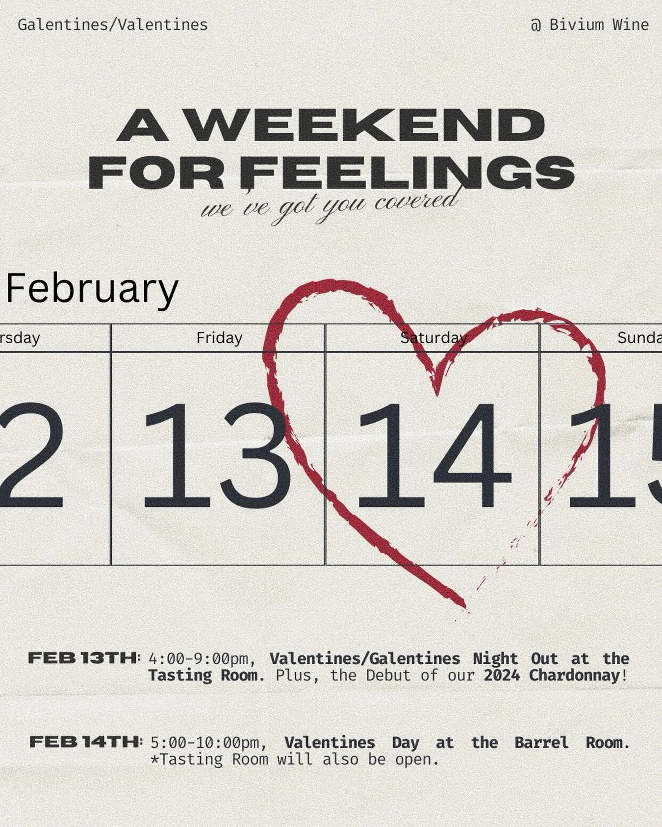Whether you&rsquo;re in the mood to celebrate Valentine&rsquo;s Day, just want to enjoy some good wine with friends, or need to cry into a slice of cake, we&rsquo;ve got you covered this weekend 🍷❤️

Join us Friday &amp; Saturday for a weekend of fe
