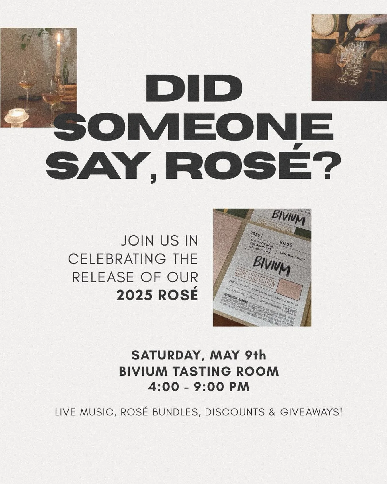 2025 ROS&Eacute; RELEASE🍷🌸

Join us in celebrating the release of our 2025 Ros&eacute; this Saturday, May 9th at the Bivium Tasting Room! 

There will be live music, discounts, giveaways and of course, lots of Ros&eacute;. 

See you there!

#bivium