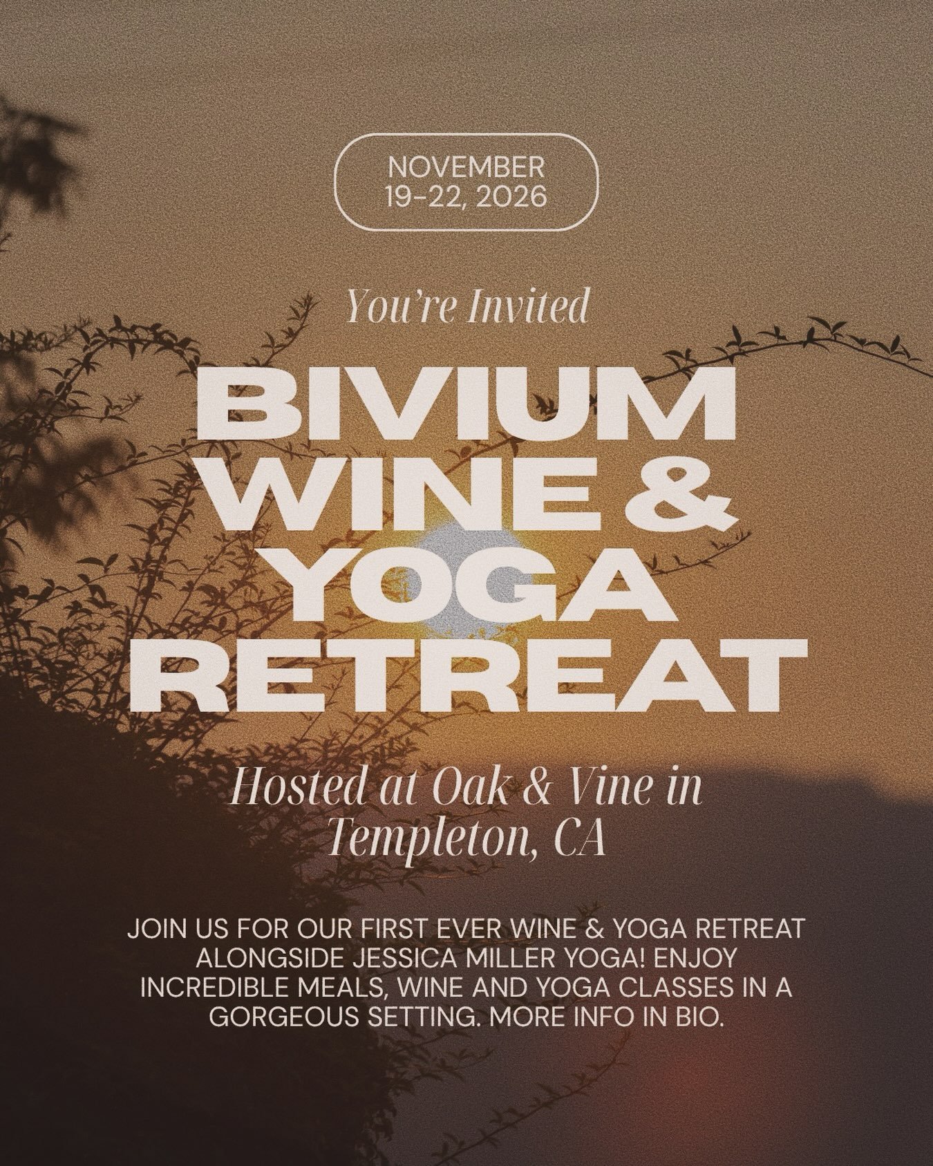 We are SO excited to announce our first ever Wine &amp; Yoga Retreat happening this Fall🍷🍂🧘

Join us alongside @jessicamilleryoga for 3 nights of incredible meals, wine and yoga classes in the gorgeous settings of @oakandvinestay and Paso Robles. 