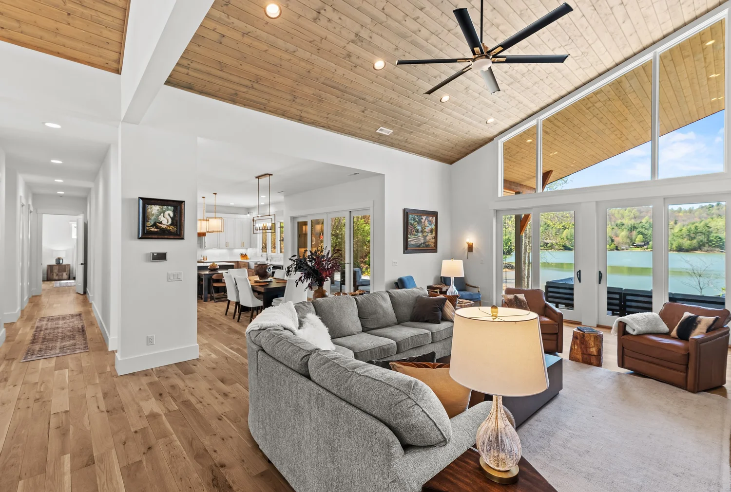 Living room with wood ceiling