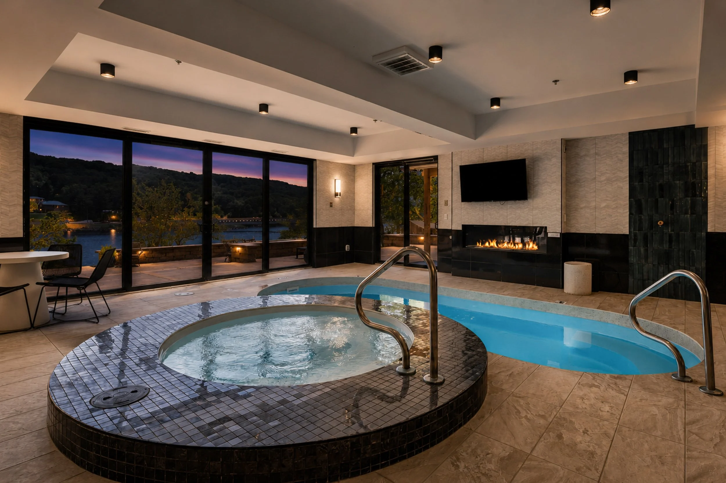 Indoor heated pool area with a hot tub, window views of a river and hills, and a fireplace on the wall.