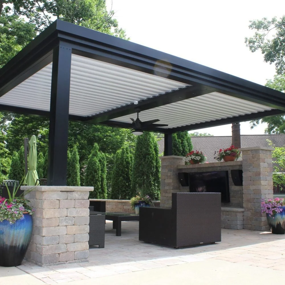 Outdoor patio with pergola and furniture